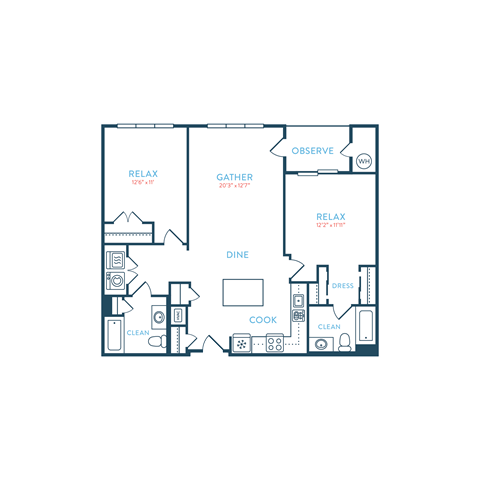 Floor plan for 2 beds, 2 baths, 1144 sqft